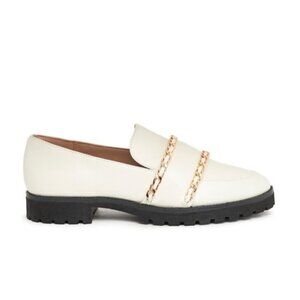 Karl Lagerfeld Paris Womens Loafers 8/38.5B Cream Leather Gold Chain Trim Chunky